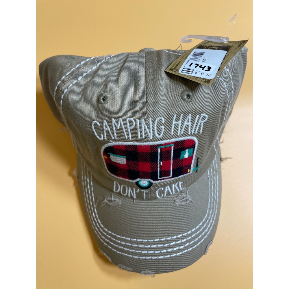 KBETHOS Baseball Cap‎ Womens OSFM Khaki NWT Distressed Camping Hair Don't Care